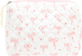 Quilted Makeup Bag Large Travel Zipper Soft Cosmetic Pouch for Women Girls Make Up,Bow Pink