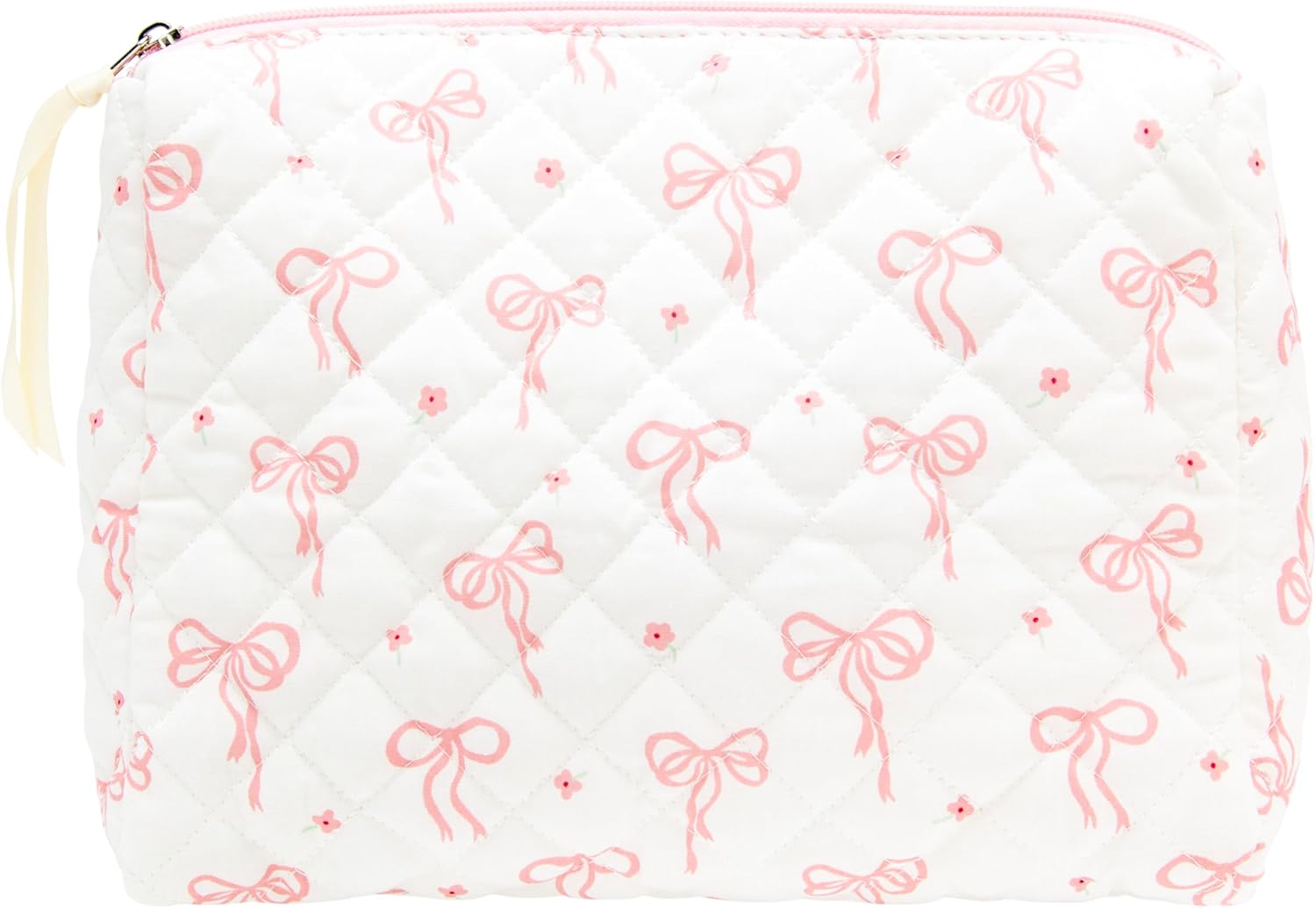 Quilted Makeup Bag Large Travel Zipper Soft Cosmetic Pouch for Women Girls Make Up,Bow Pink