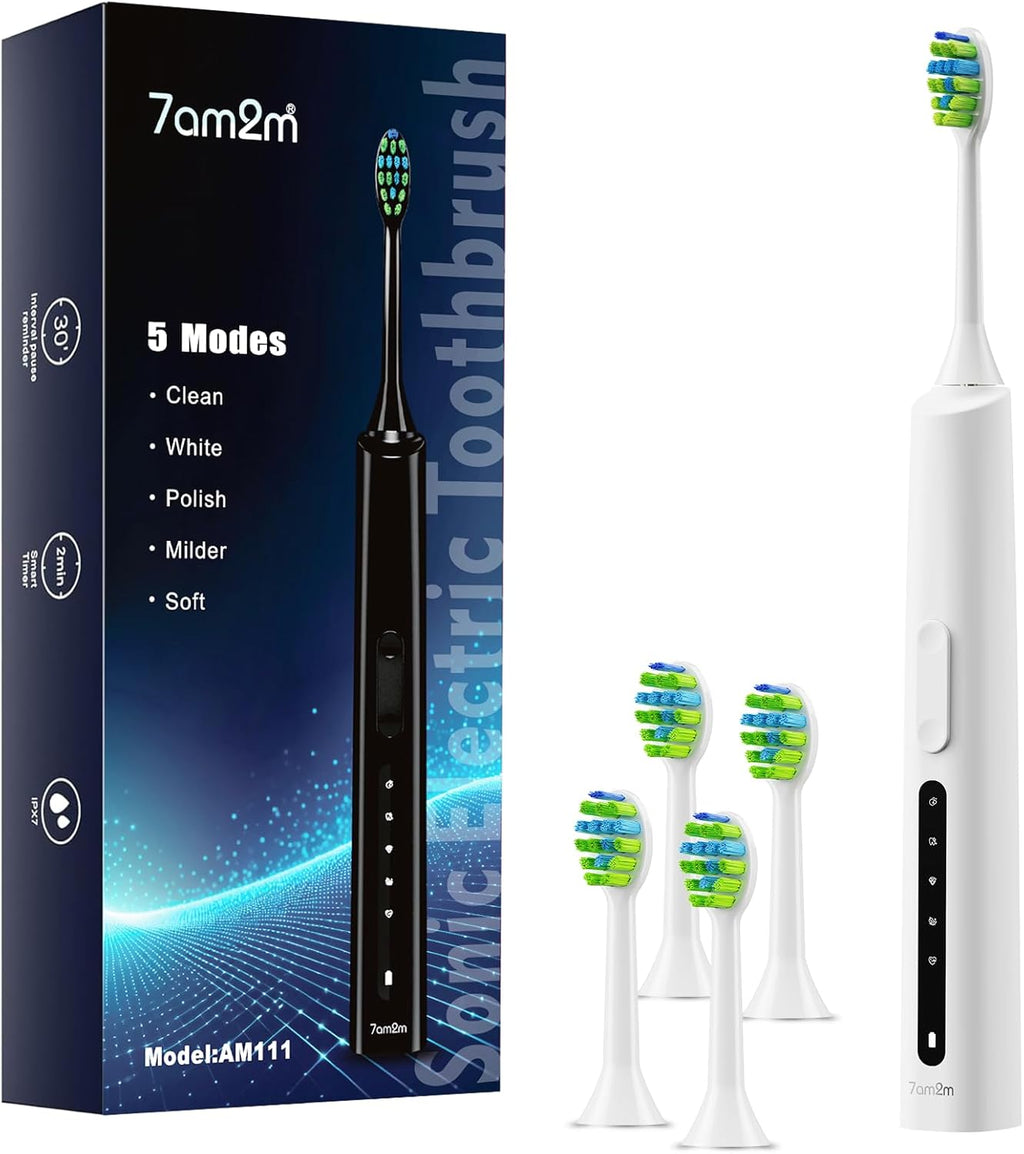 7AM2M Sonic Electric Toothbrush for Adults and Kids, 40000VPM Power Toothbrushes, USB-C Rechargeable with 4 Brush Heads, 5 Modes, 2 Minutes Built in Smart Timer, One Charge for 60 Days (White)