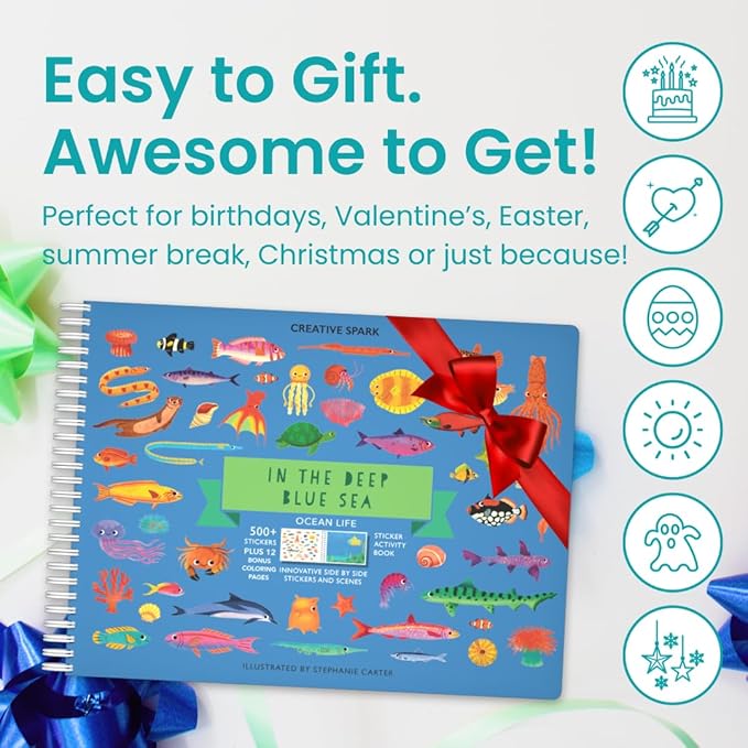 Cupkin Ocean Sticker Book Activity for Kids, Toddler Airplane Travel Essentials, 500+ Shark Stickers for Kids + 12 Scenes + 12 Coloring Book Pages, Deep Blue Sea Gift, Kid Crafts Ages 2-8