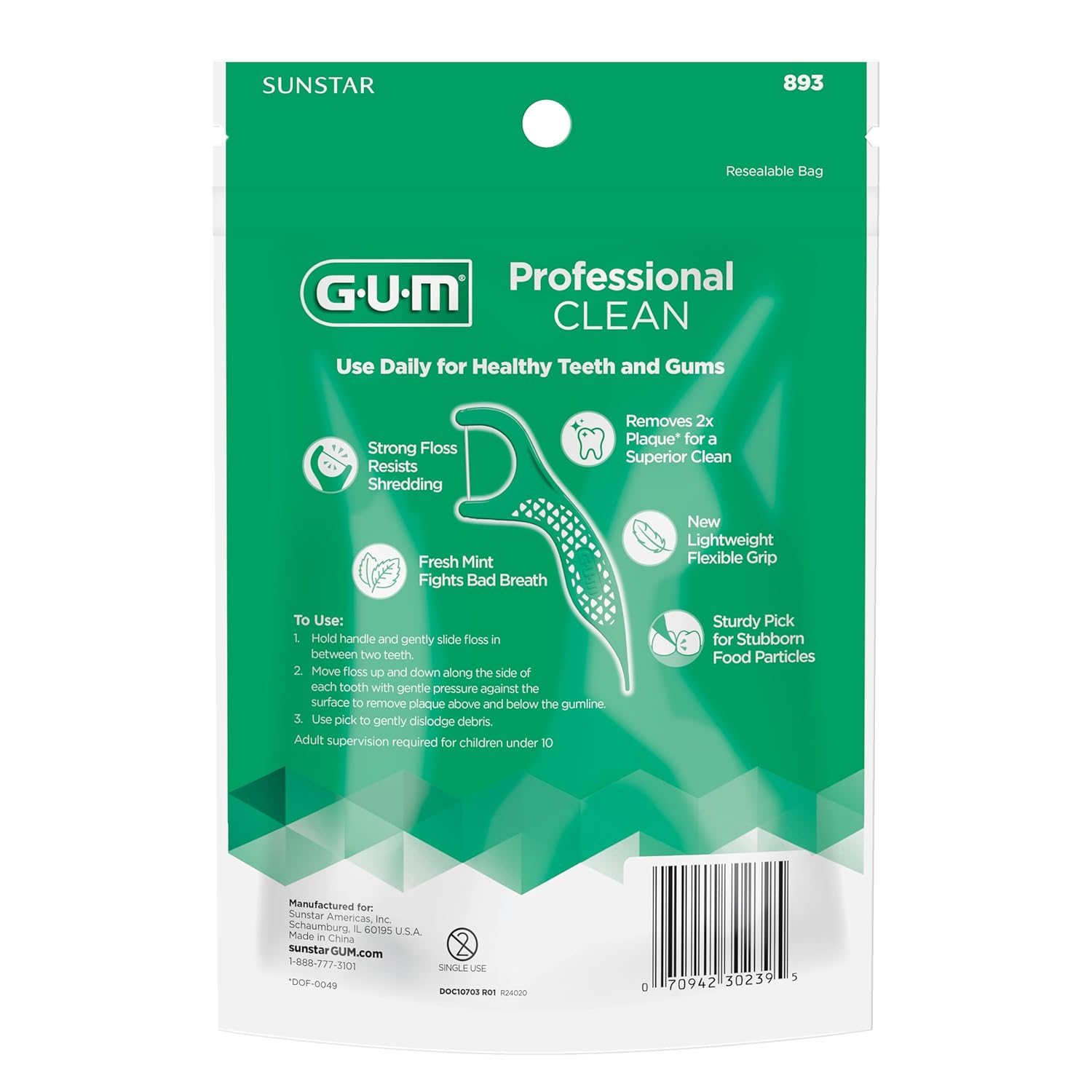 GUM Professional Clean Floss Picks - Extra Strong Shred-Resistant Floss, Easy Grip Handle - Dental Flossers for Adults - Fresh Mint Flavor, 90 Count (Pack of 6)