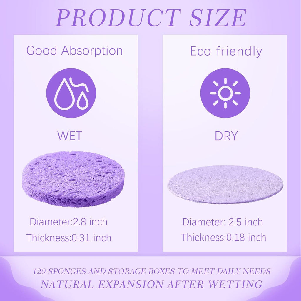 Sieral 120pcs Compressed Facial Sponges Disposable Natural Face Sponges Round Soft Pads with Container for Washing Face Cleansing Exfoliating Esthetician Makeup Removal Travel(Purple)