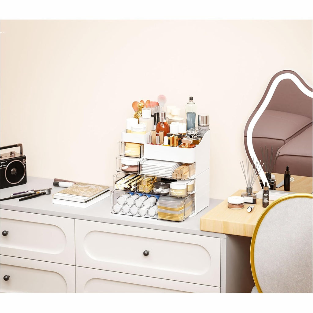 White Countertop Makeup Organizer with 6 Drawers,Large Capacity Skincare Organizers for Vanity,Desk,Dresser,Plastic Bathroom Counter Organizer for Beauty,Skin Care,Perfume,Make up Brush Organization