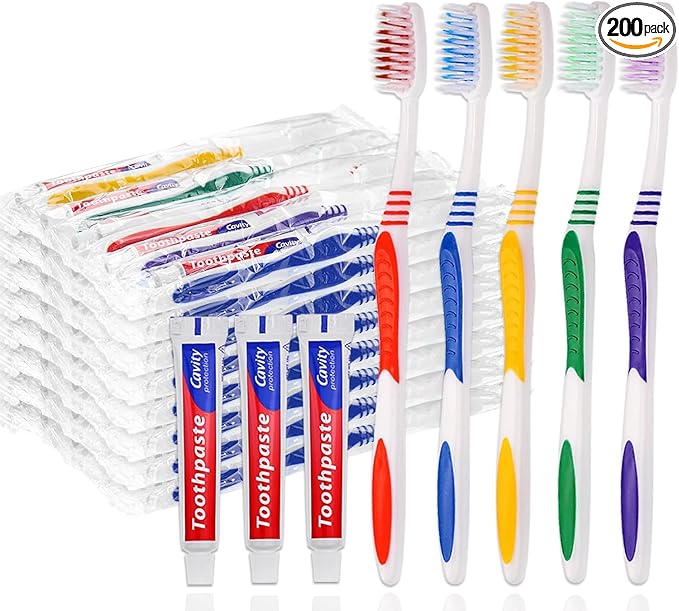 200 Pcs Disposable Toothbrushes with Toothpaste Individually Wrapped, 10g Travel Toothpaste Single Use Manual Toothbrush for Adults Guests Travel Hotel Homeless (5 Colors)