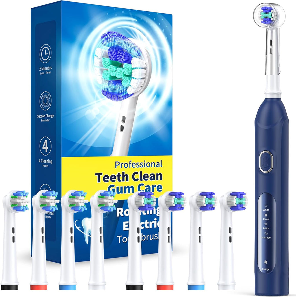 TEETHEORY Rotating Electric Toothbrush for Adults with 8 Brush Heads (2 Types), 4 Modes Deep Clean Electric Toothbrush with Rechargeable Power and 2 Min Smart Timer (4-Dark Blue, p1)