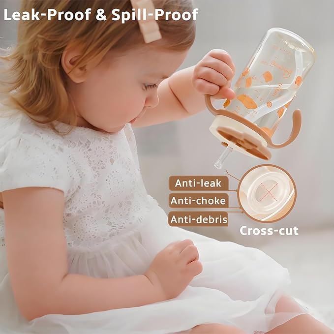 Evorie Tritan Spill Proof Toddler Straw Sippy Cup, 10 oz for Baby and Toddlers 1-3 Years Old, No Spill Straw Water Bottle with Removable Handles, Ideal for School, BPA-Free, Travel in Space