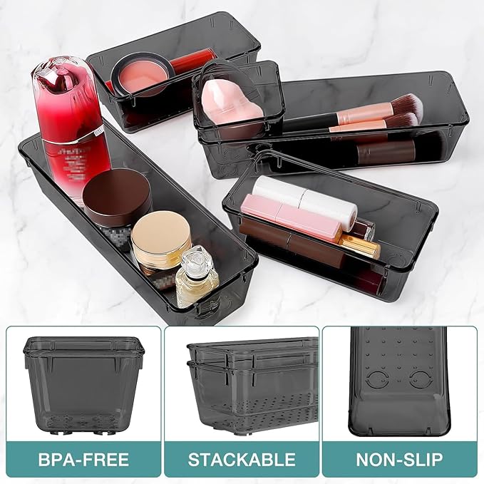 10 PCS Drawer Organizer Set, 4 Varied Size Bathroom and kitchen Drawer cabinet organizer Trays, Clear Storage Bins for Makeup, Jewelry, Utensils and Gadgets, Black
