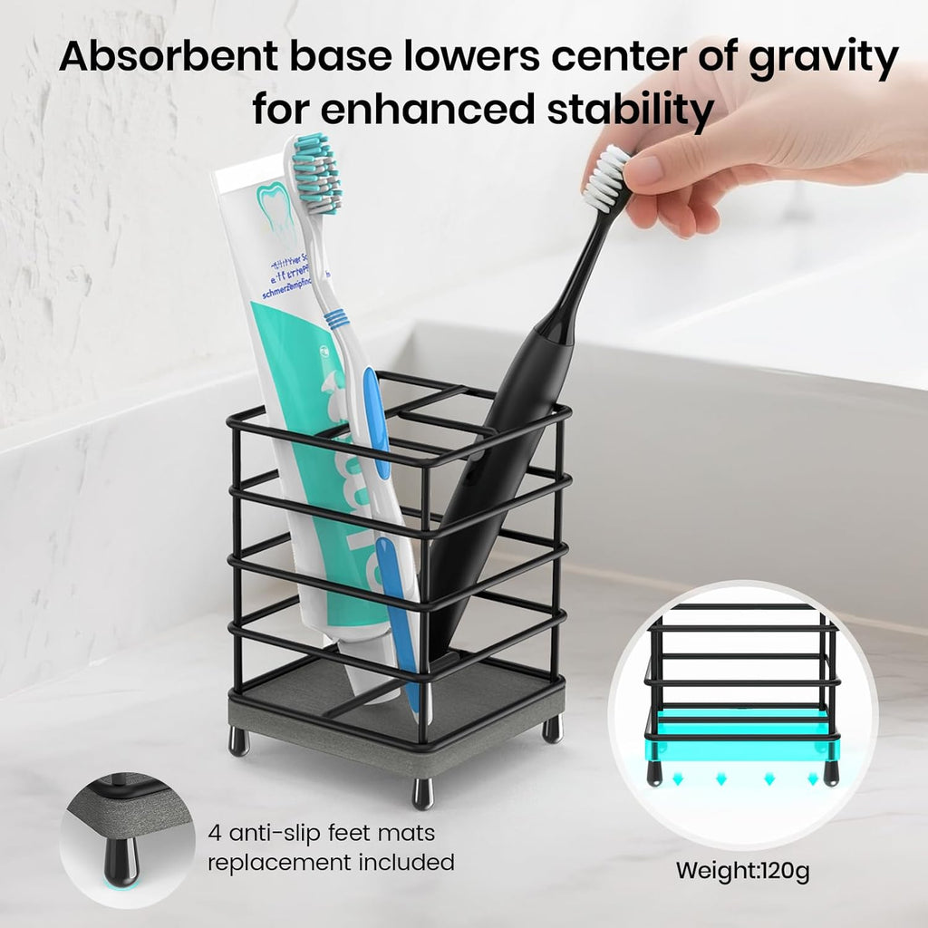 Toothbrush Holders with Quick Drying Mat—Black Toothbrush and Toothpaste Holder for Bathroom—3 Slots Openwork Design Bathroom Counter Organizer for Electric Toothbrush, Bathroom Accessories Organizer