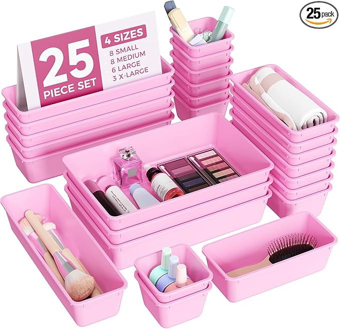 25 PCS Plastic Drawer Organizers Set, 4-Sizes Vanity and Makeup Organizer, Desk and bathroom Drawer Organizer Trays, Organizers and Storage for Makeup, Jewelry, Gadgets, Utensils(Light Purple)