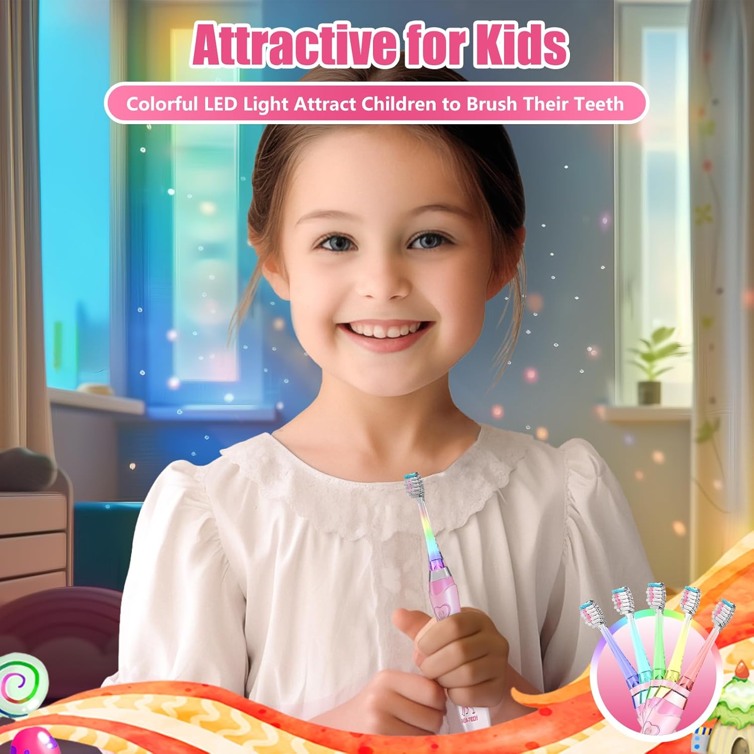 Kids Electric Toothbrush Toddler Toothbrush Age 2-4-8-12 Girls Electric Toothbrush with Timer Rainbow LED Light Up Vibrating Toothbrush Battery Operated Childrens Sonic Tooth Brush (Pink Giraffe)