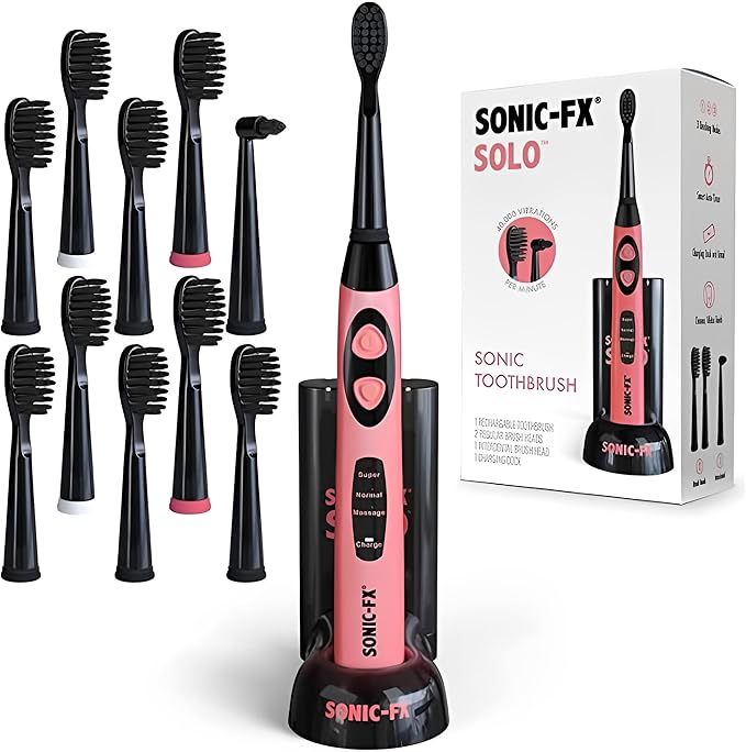 Sonic-FX Solo Electric Toothbrush w/ 10 Brush Heads + 1 Interdental, Charcoal Bristles, Rechargeable, Charging/Storage Base, 3 Brush Modes, Smart Timer, 2 Months Use on Full Charge, Coral Color