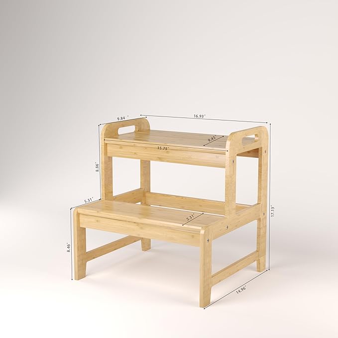 Step Stool for Kids Bamboo Toddler Two Steps Stool with Anti-Slip and Handles Stairs 300 lbs Capacity for Bathroom Kitchen Bedroom(Natural)