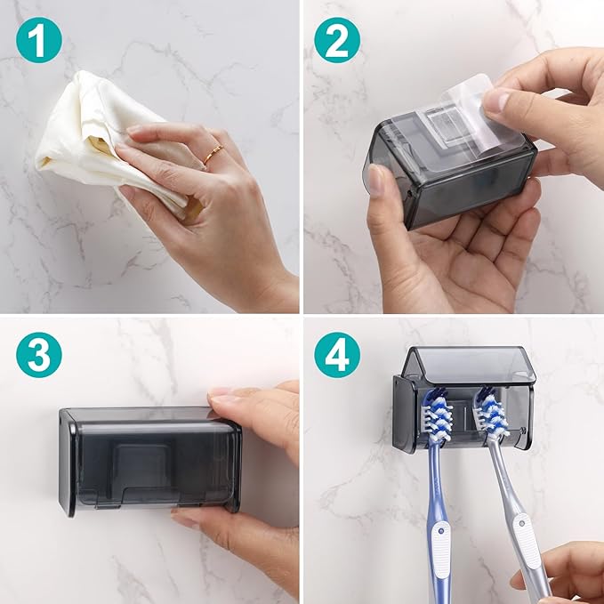 2 PCS Toothbrush Holders Wall Mounted with Cover, Electric Tooth Brushing Holder for Bathroom, 2 Slots Self Adhesive Toothbrush Organizer for Family, Kids (2, Transparent Black)