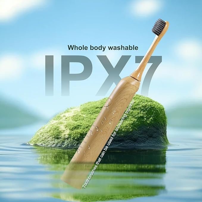 Sonic Bamboo Electric Toothbrush for Adults - Rechargeable Electric Bamboo Toothbrush -4 Pack Soft Brush Heads-Plant-Based Bristles | 5 Cleaning Modes Long-Lasting Battery