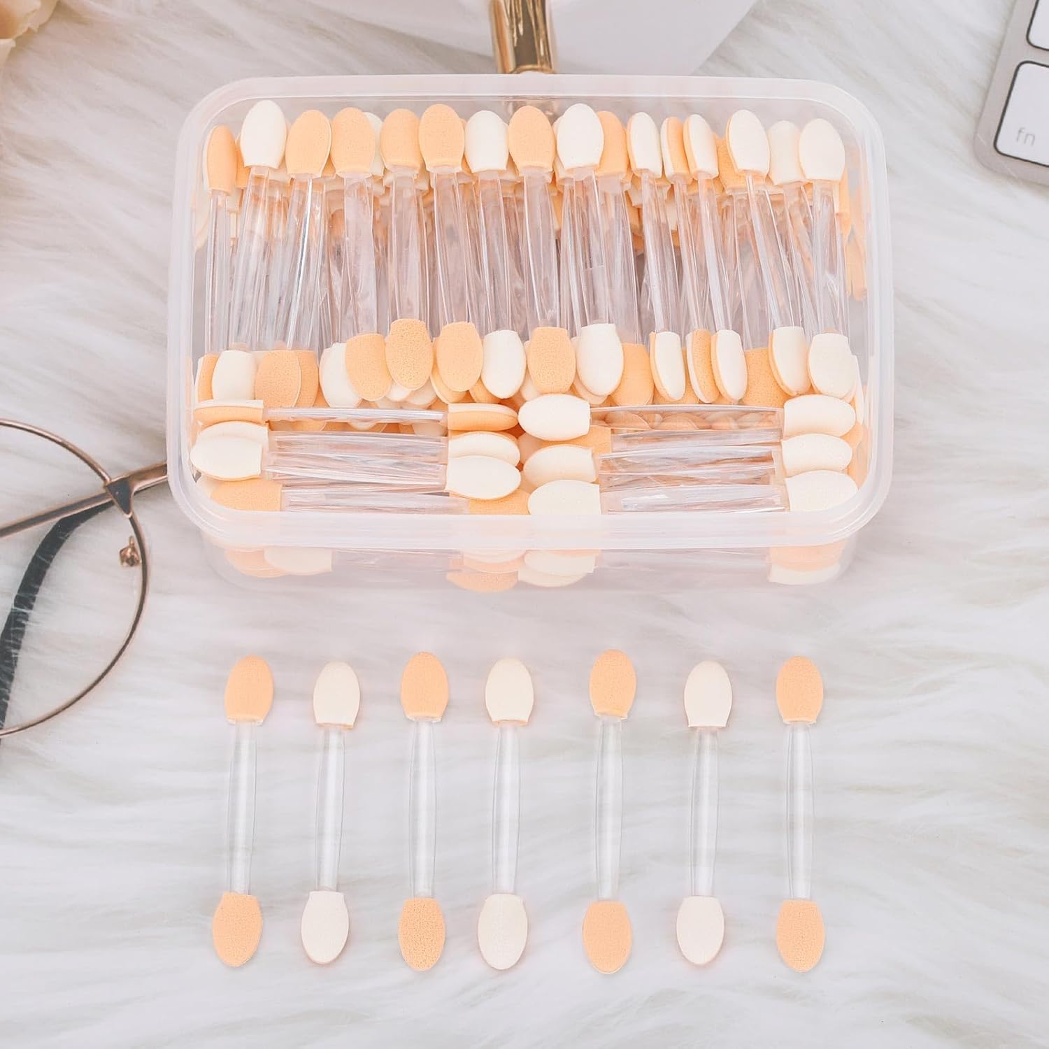 150 Eye Shadow Applicator Disposable Foam Makeup Brush Sponge Tipped Oval Eyeshadow Applicators Dual Sides with Container, Clear