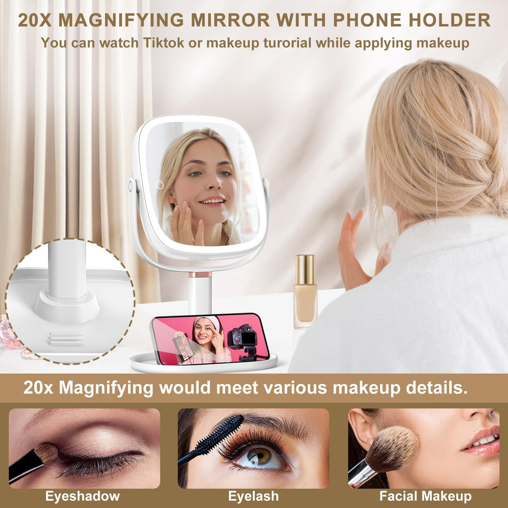 Mocado Makeup Mirror with Lights, 1X/20X Magnifying Mirror with Light, Vanity Mirror with 3 Colors Lights, Height Adjustable Lighted Makeup Mirror, Double Sided 360°Rotation, Memory Function (White)