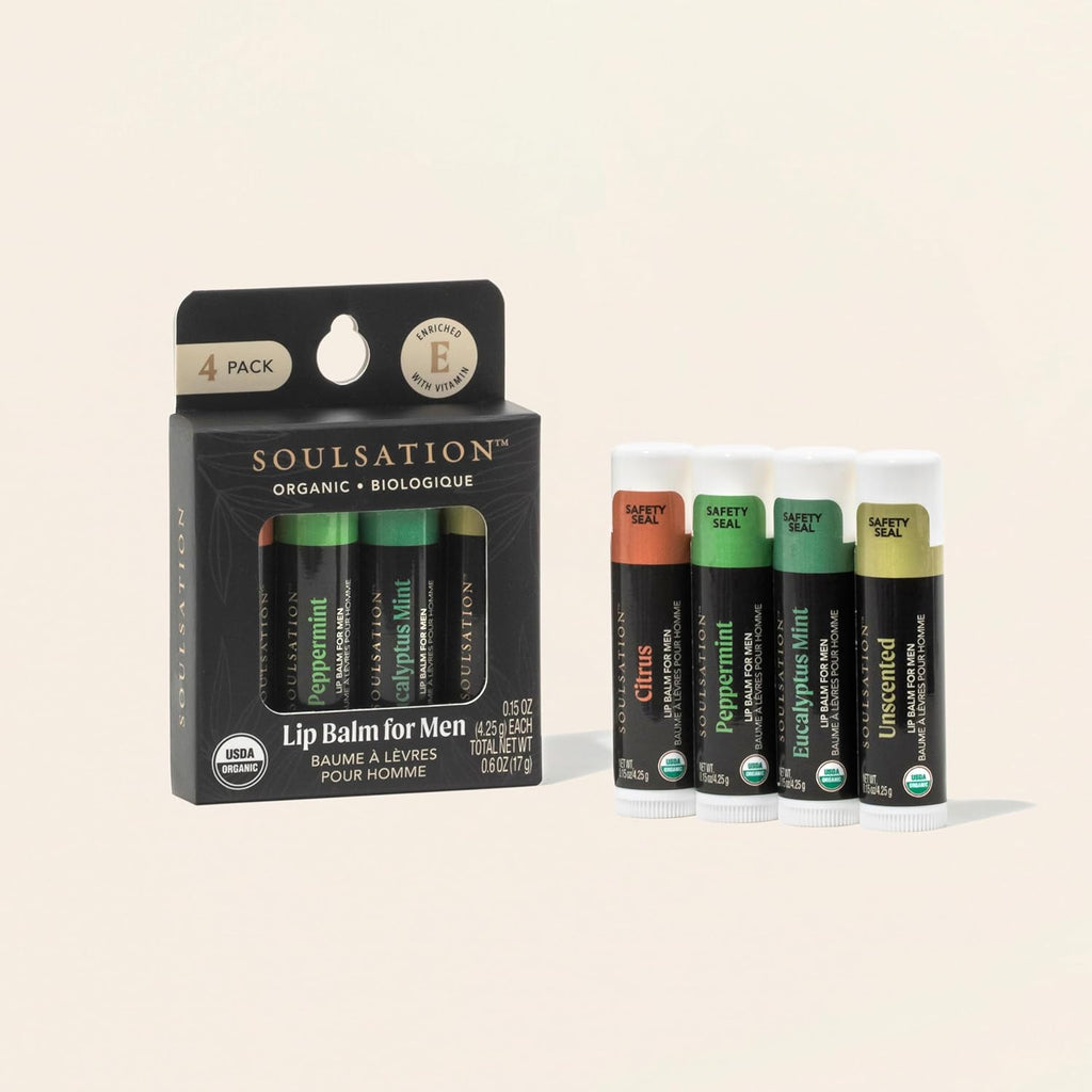 Organic Lip Balm Set for Men - 4 Flavors - 100% Natural Moisturizing for Cracked & Dry Lips (Pack of 2)
