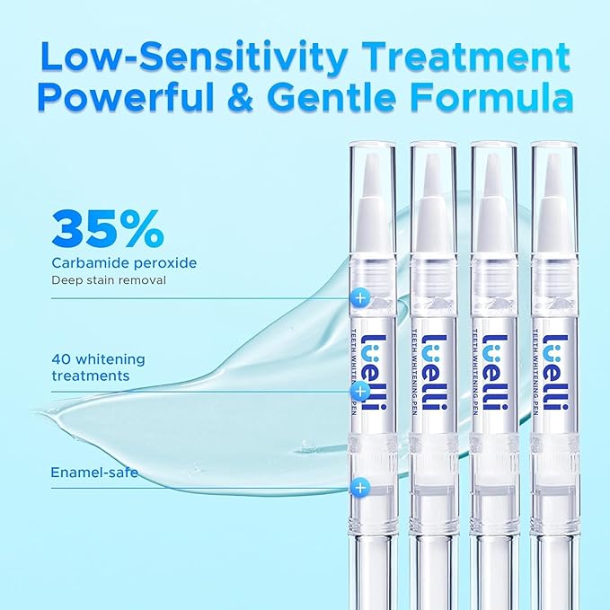 Luelli Teeth Whitening Pen, 40+ Uses - Travel Size Professional Tooth Whitener Serum, Extra Strength Organic Teeth Bleaching Gel for Sensitive Teeth, Instant Stain Removal, Simply White Smile, 4 Count