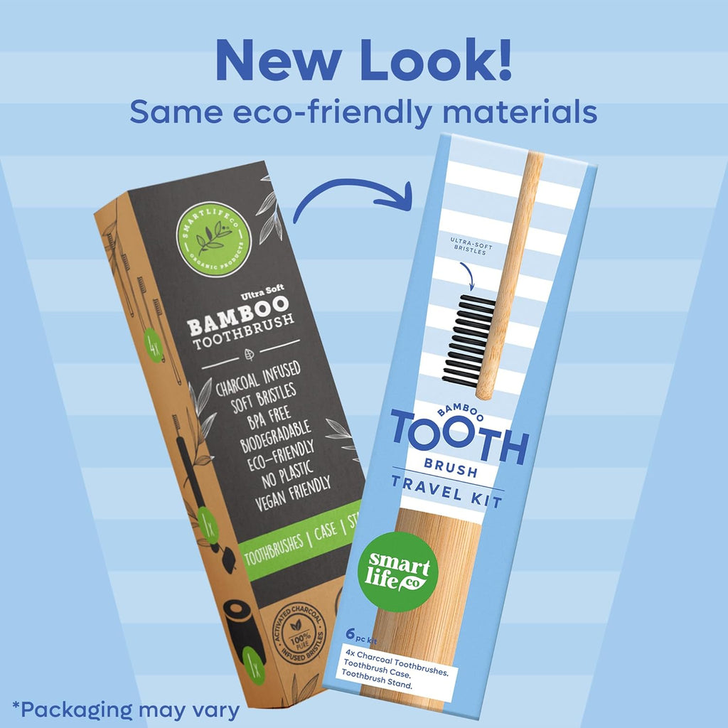 Bamboo Charcoal Toothbrushes (4 Pack) with Travel Case & Stand - Extra Soft Bristles for Adults & Kids Teeth | Zero Waste Travel Toothbrush Kit | Natural Eco-Friendly Wooden Brush Holder Cover
