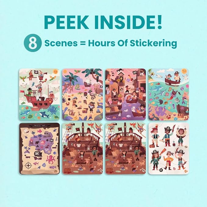 Cupkin Pirate Sticker Book Activity for Kids, Toddler Airplane Travel Essentials, 300+ Pirate Stickers for Kids + 8 Scenes + 8 Coloring Book Pages, Gift for Boys and Girls, Small Sticker Book