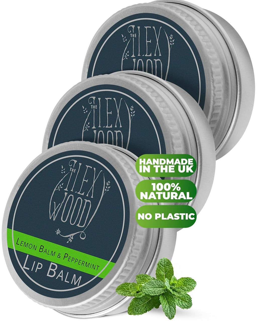 The Ilex Wood - Lip Balm Pack of 3 - Vegan Lemon Balm and Peppermint - All natural, coldsore prevention, cruelty free, plastic free, moisturising, handcrafted - 3 x 10ml (3 x 0.34 fl oz)