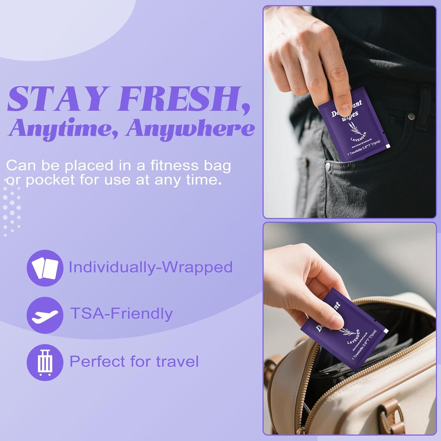 Travel Deodorant Wipes Individually Wrapped,Body Wipes to Clean Skin for Women Men（Lavender,pack of 100)