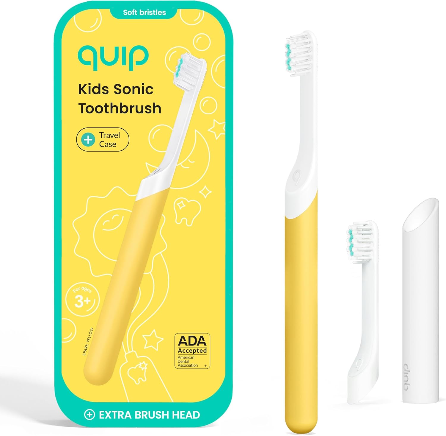 Quip Kids Electric Toothbrush, Battery-Powered Sonic, Yellow, with 2-Min Timer, Extra Head and Travel Cover