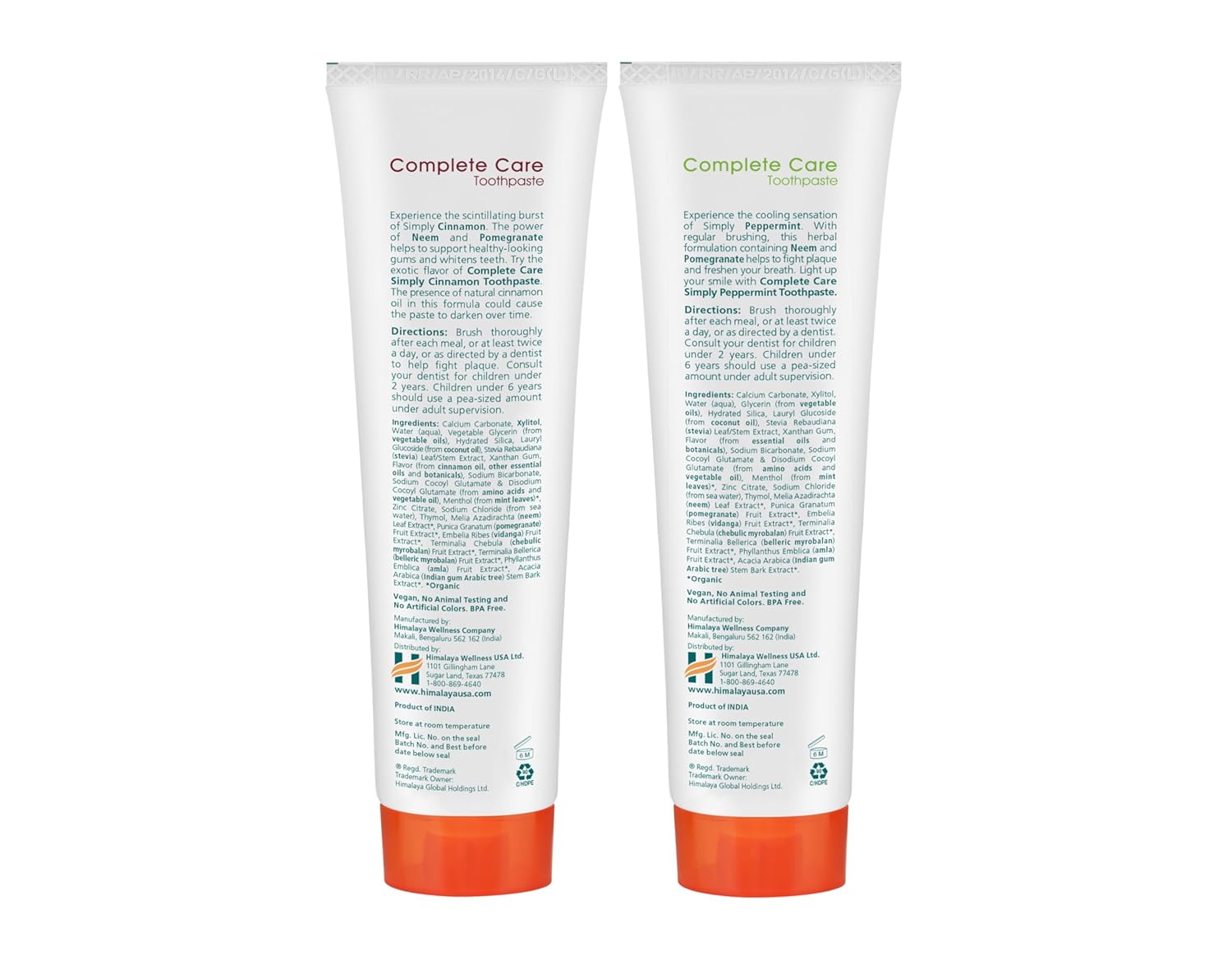 Himalaya Botanique Complete Care Toothpaste, Herbal, Variety Pack, Peppermint and Cinnamon Flavor, Fights Plaque, Freshens Breath, Fluoride Free, No Artificial Flavors, SLS Free, Cruelty Free, 5.29 Oz