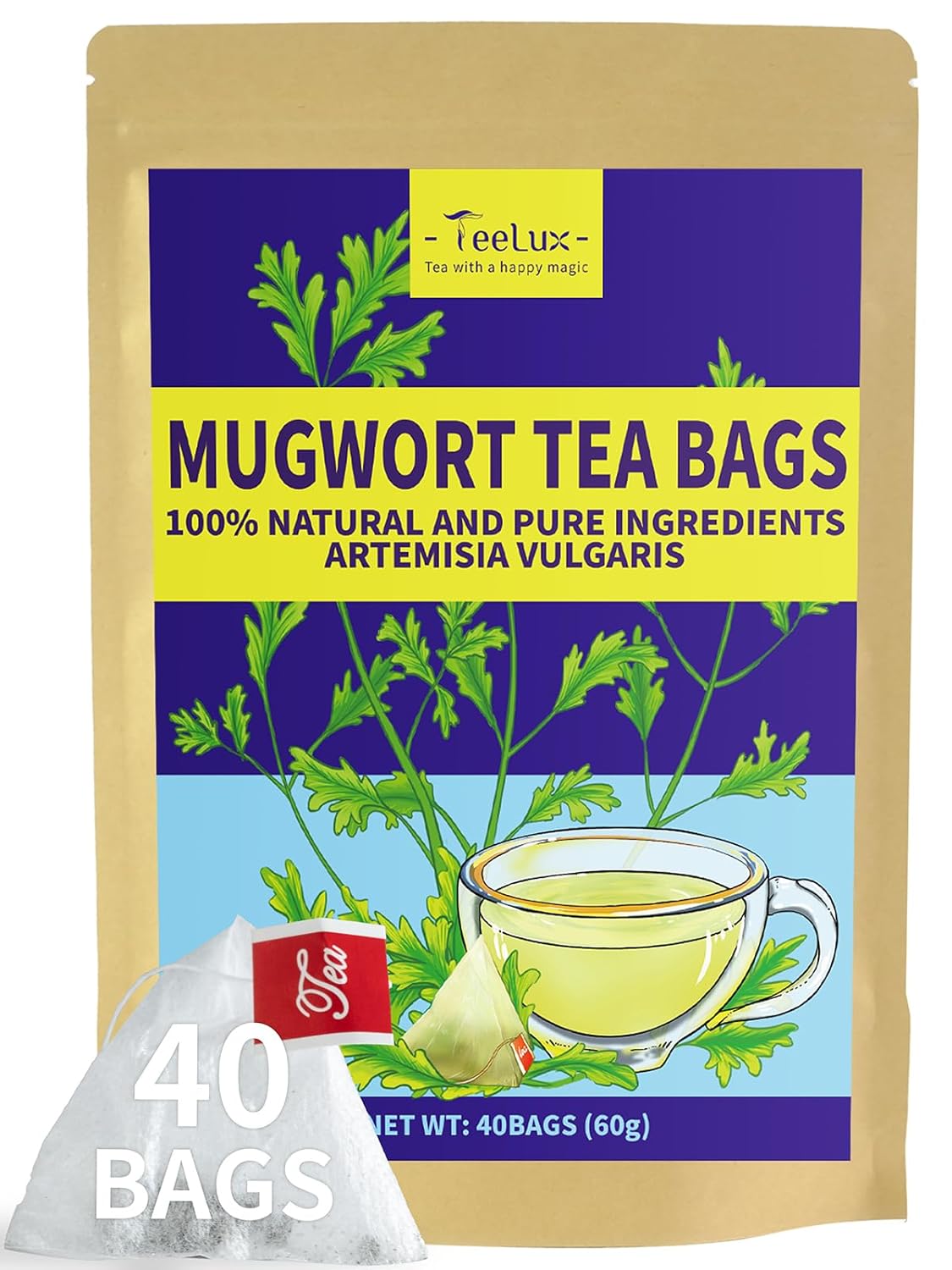 TeeLux Mugwort Tea Bags - Natural Dried Mugwort Herb Tea, Caffeine Free, 40 Tea Bags