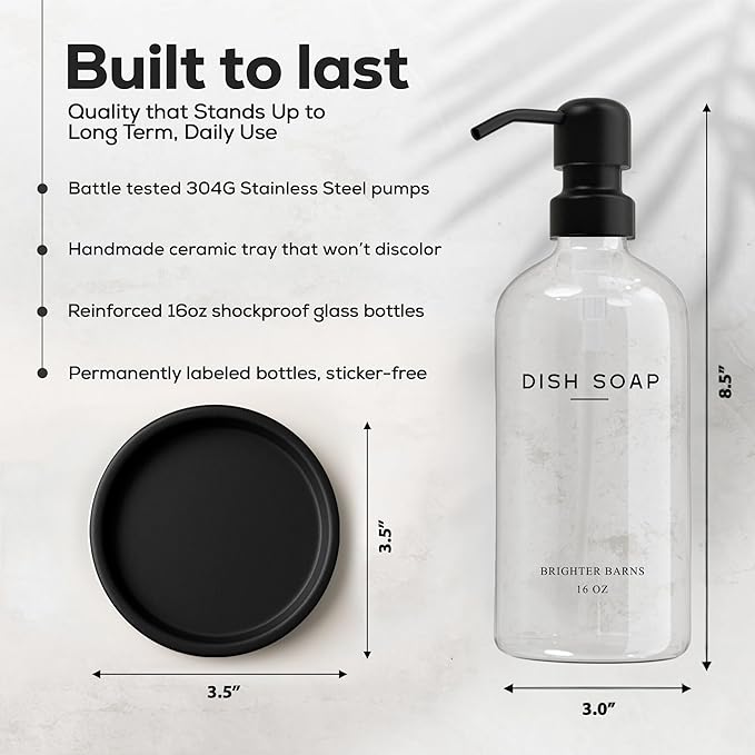 Glass Dish Soap Dispenser for Kitchen Sink by Brighter Barns - Modern Kitchen Soap Dispenser Set with Tray and Stainless Steel Pump - Minimalist Home Decor for Rental Properties, Restaurants (Clear)