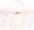 Quilted Makeup Bag Large Travel Zipper Soft Cosmetic Case for Women Girls Make Up,Bow Pink