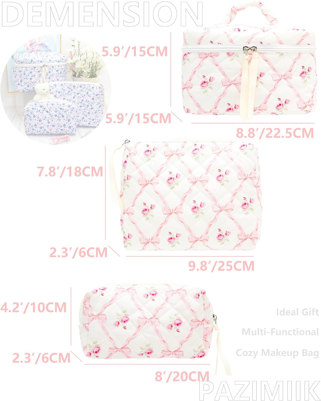PAZIMIIK 3PCS Makeup Bag SET Large Travel Quilted Zipper Soft Cosmetic Case Pouch for Women Girls Make Up,Bow Rose