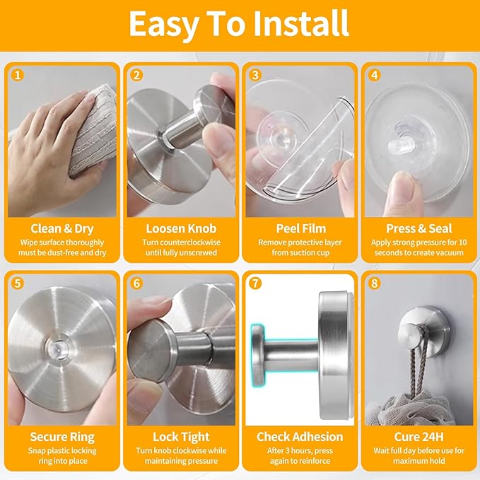 4 Pack Suction Cup Hooks, Removable Stainless Steel Drill-Free Heavy Duty Strong Suction, Reusable Waterproof Hooks for Bathroom Kitchen Mirror Tile Glass, Wall for Hanging Towels Keys