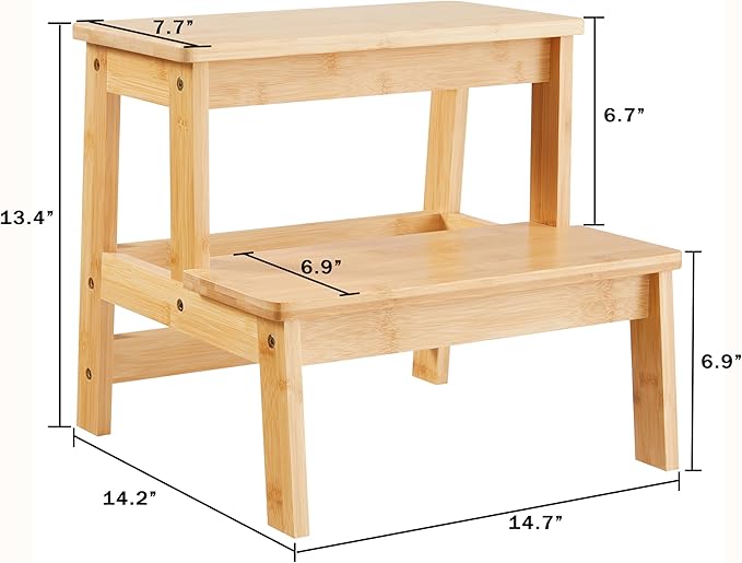 Bamboo Step Stools for Kids, Wooden Stepping Stool for Kitchen/Bathroom/Bedside, Double Step Stool - Holds up to 350Lb (Natural Wood)