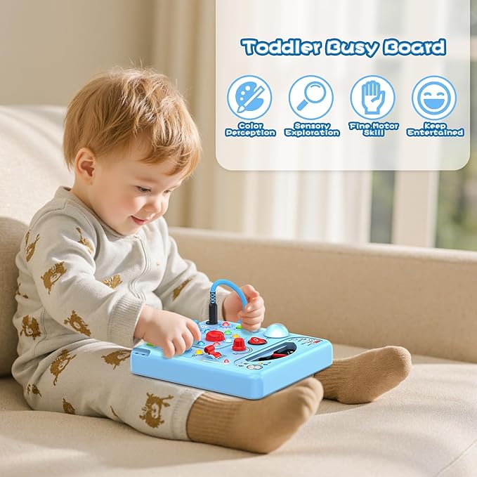 Busy Board Montessori Toys for Toddler 1 2 3 4 Year Old with 13 LED Lights, Sensory Toys Educational Learning for Toddlers 1-3, Activity Travel Toy Gifts for 1+ Year Old Boys and Girls