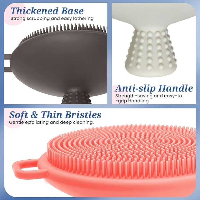 Silicone Face & Back Scrubber Set, Manual Face & Body Scrubber Exfoliator with Soft Bristles and Non-Slip Handle, Back Brush Bath Brush with 2 Detachable Brush Heads(3PCS Pink Set)