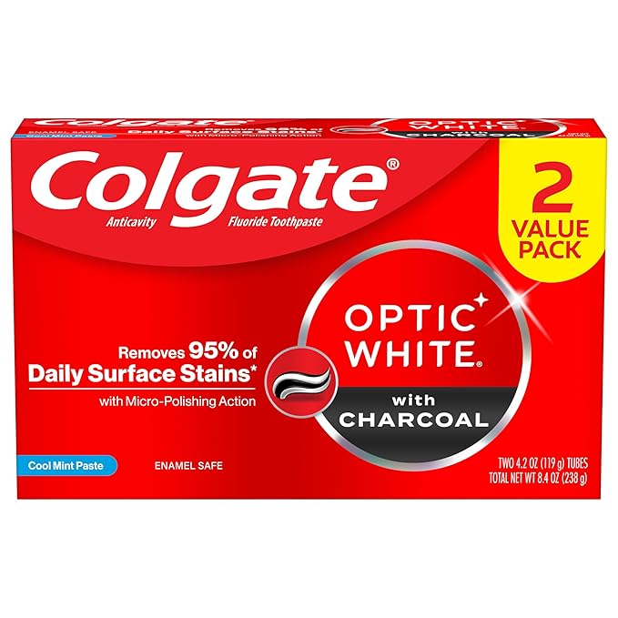 Colgate Optic White Whitening Toothpaste with Charcoal, Whitening with Charcoal Toothpaste Pack, Removes Daily Surface Stains, Enamel-Safe for Daily Use, Vegan, Cool Mint Paste, 2 Pack, 4.2 oz