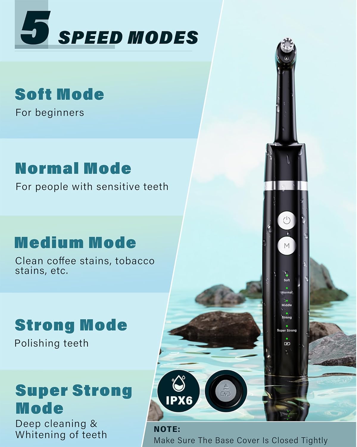 Tooth Polisher, Rechargeable Tooth Whitening Kit for Teeth Cleaning and Whitening, with 3 Tooth Polish Paste and 5 Brush Heads, LED Light, Easy to Use at-Home Personal Dental Care Kit (Black)