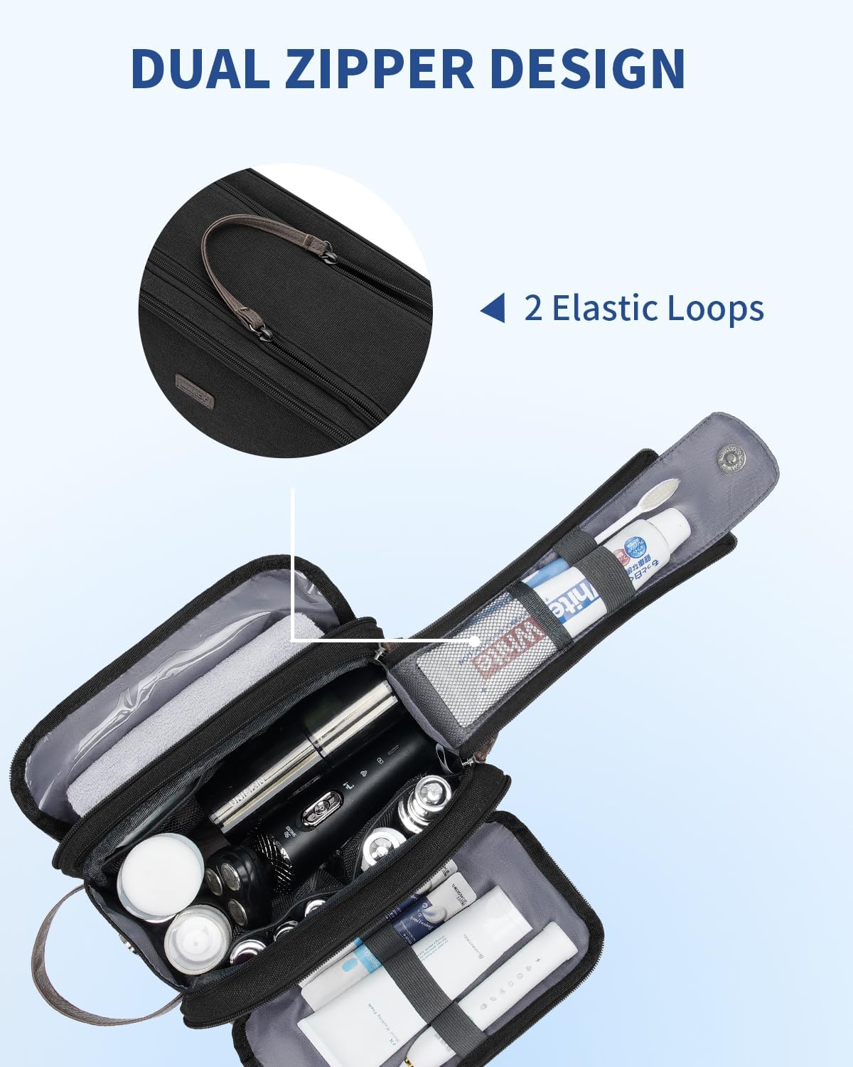 WANDF Toiletry Bag for Men Travel Toiletry Organizer Canvas and Leather Dopp Kit Water-Resistant Shaving Bag for Travel Accessories (Black, Medium)