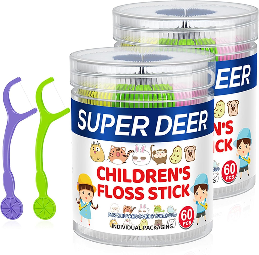 Super Deer Children's Dental Floss Sticks,120 Count, Individually Packaged, Ages 3+, Shred Resistant, Perfect for School, Travel & Playdates