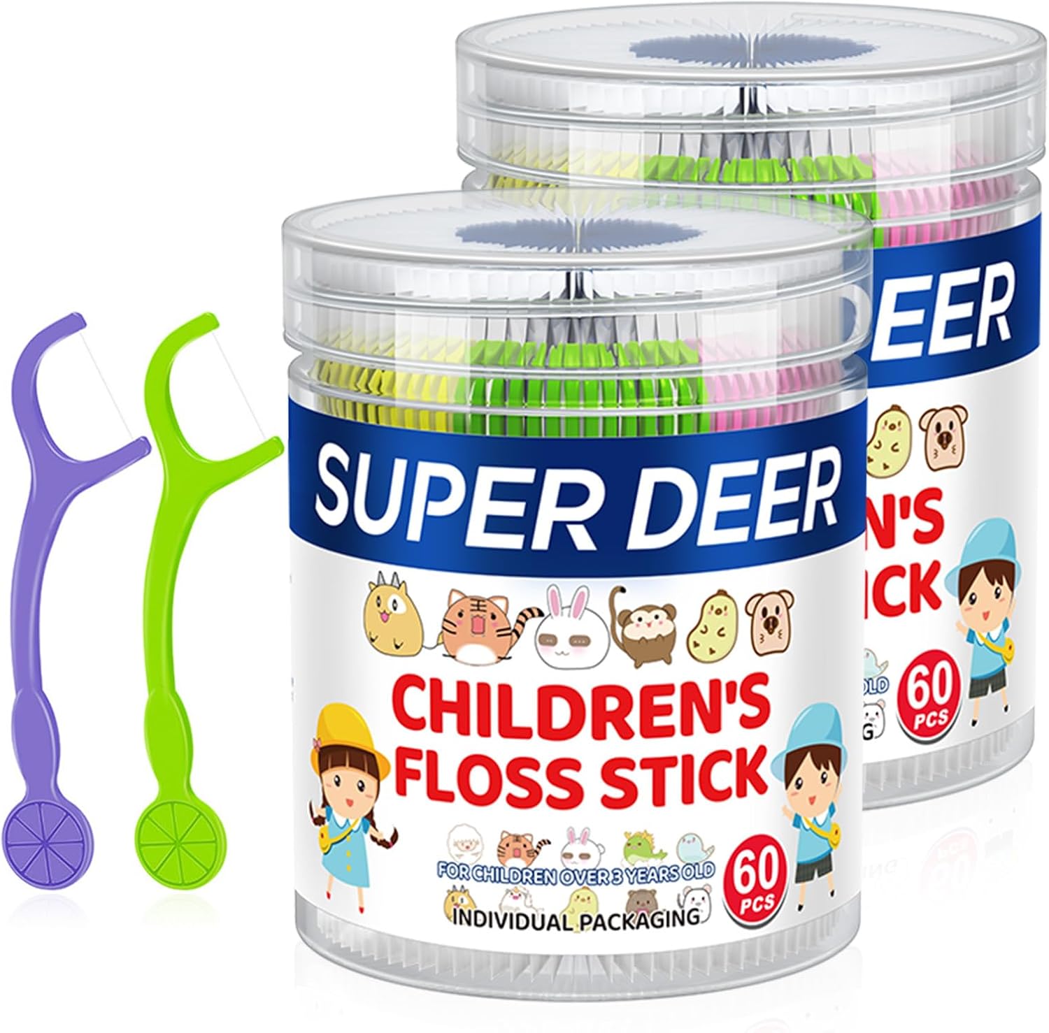 Super Deer Children's Dental Floss Sticks,120 Count, Individually Packaged, Ages 3+, Shred Resistant, Perfect for School, Travel & Playdates