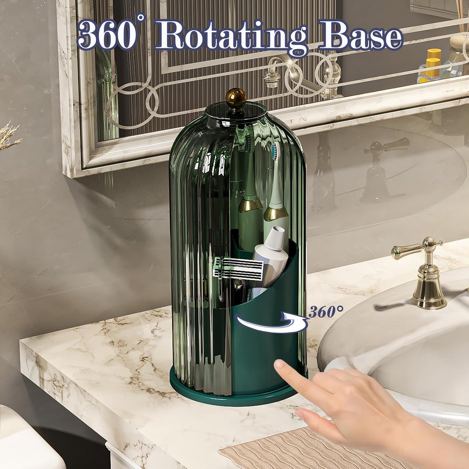 Dustproof Toothbrush Holders with Cover, Rotating Electric Toothbrush and Toothpaste Holder for Bathroom Countertop, 3 Slots Makeup Brushes Organizer, All Green