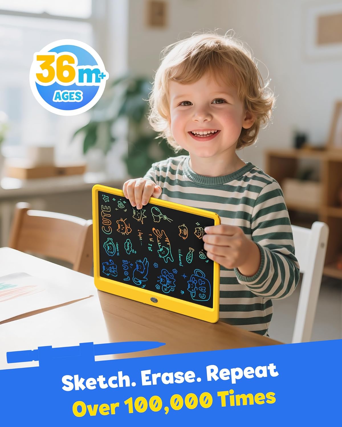 TEKFUN LCD Writing Tablet Doodle Board, 12inch Colorful Drawing Tablet Writing Pad, Kids Travel Essentials, Toddler Toys 6 7 8 Year Old Girls Boys (Yellow)