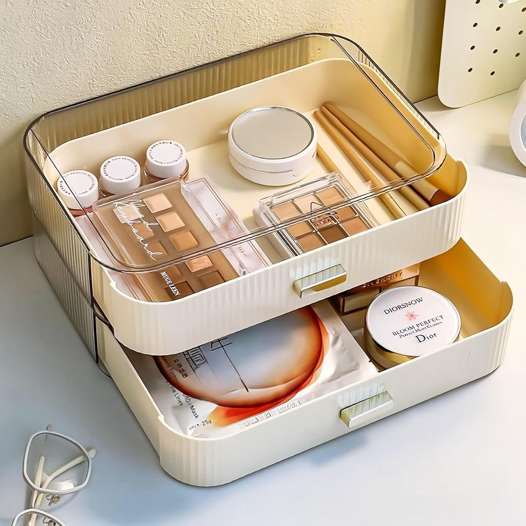 2 Pack Stackable Makeup Organizer with Drawers, Bathroom Storage for Eyeshadow Palettes, Cosmetics, and Beauty Supplies. Ideal for Vanity Counter, Cabinet, Entryway Table, Desk