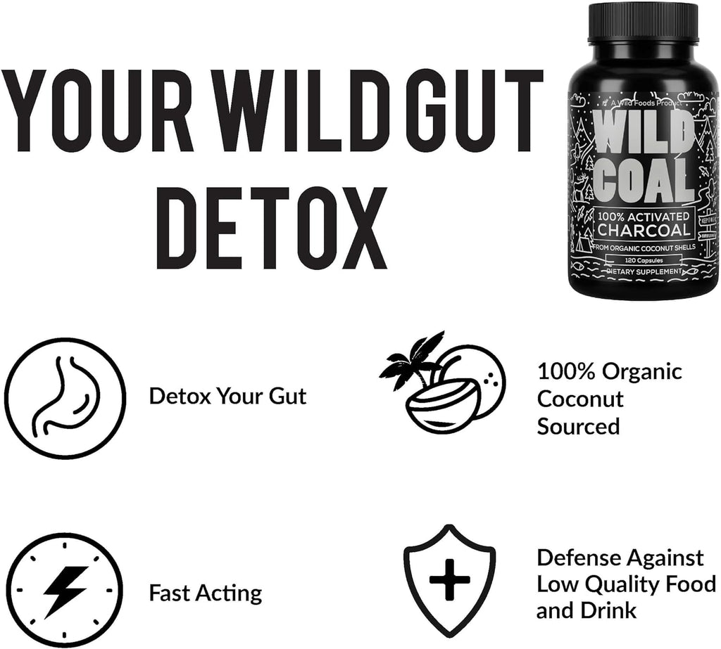 Wild Foods Activated Charcoal Capsules | 100% Organic Coconut Shells Active Tablets | Lab Tested & Non-GMO Detox Pills | USA (Three Bottles - 120 Capsules)