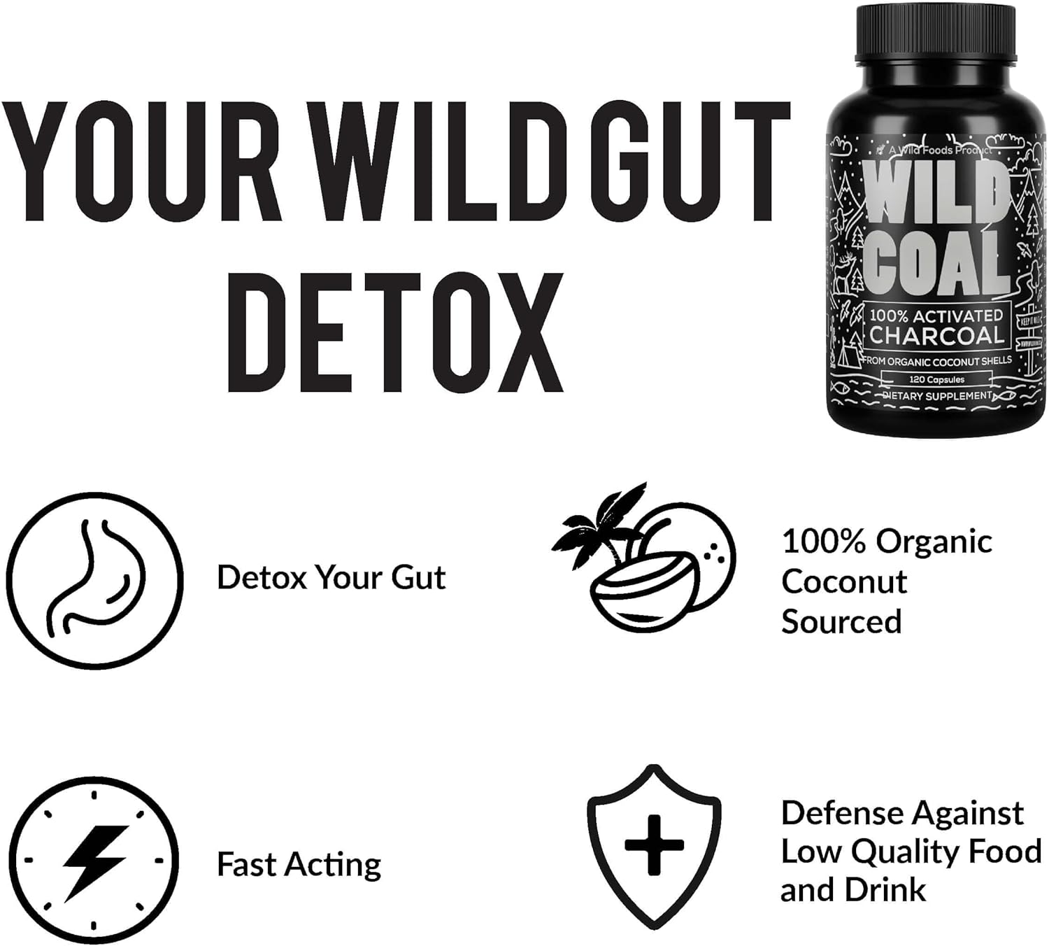 Wild Foods Activated Charcoal Capsules | 100% Organic Coconut Shells Active Tablets | Lab Tested & Non-GMO Detox Pills | USA (Three Bottles - 120 Capsules)