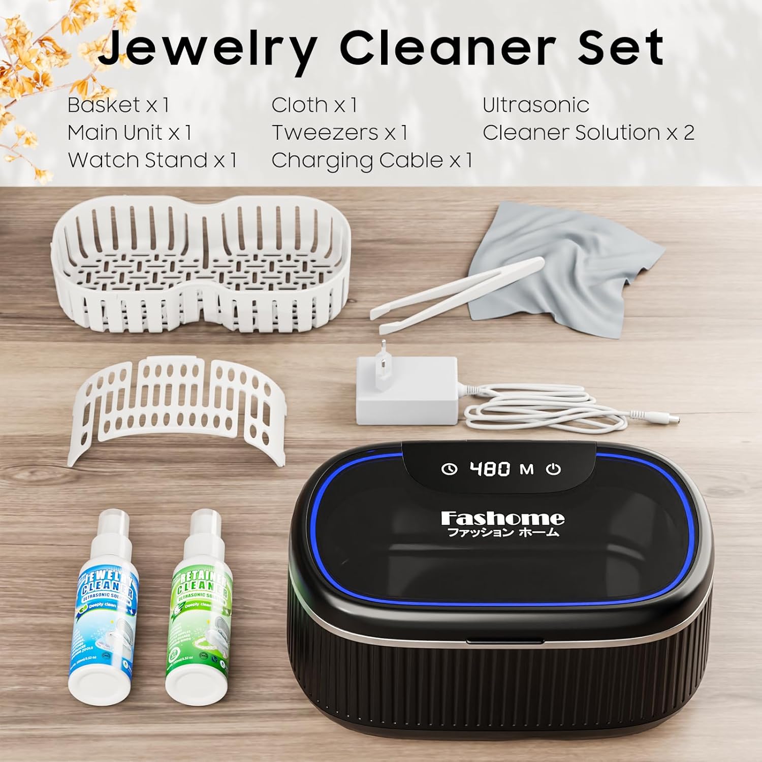 Ultrasonic Cleaner Set with Basket & Light, 304 Stainless Steel Tank, Includes 2×100ml Cleaning Solutions for Silver, Gold, Diamond Rings, Retainers, Glasses, Dentures & Watches