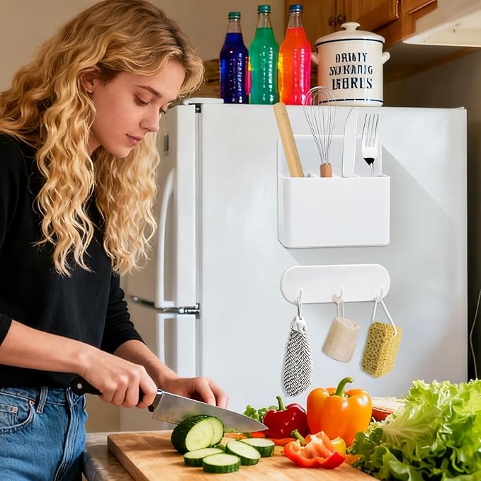 Magnetic Toothbrush Holder with Hook Rack for Cruise Ships, White Wall Mounted Detachable Grid Toothbrush Organizer with Magnetic Hooks, Cruise Bathroom Essentials Travel Accessories