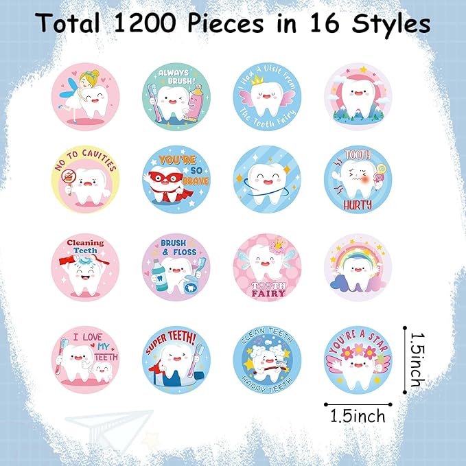 1000 PCS Tooth Shaped Roll Stickers,Tooth Shaped Dental Stickers Laptop,Water Bottle, Envelopes, Party Decorations Supplies Decor DIY Sticker Labels (style1)