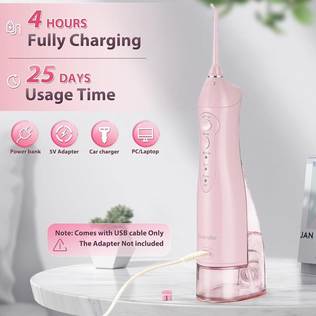 TOVENDOR Electric Water Dental Flosser Teeth Pick, Cordless Flossers Oral Irrigator IPX7 Waterproof 300ML Rechargeable Travel Water Teeth Cleaner with 5 Tips for Home Braces Care Gums Deep Cleaning